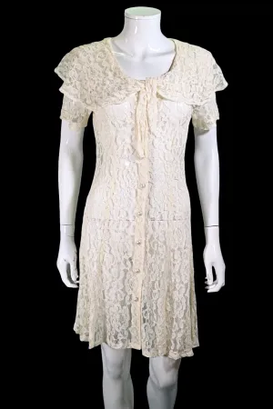 90s Sheer Lace Dress, Cream Cottagecore Grunge Dress M
