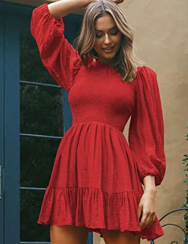ADEWEL Women's Long Sleeve Mock Neck Ruffle Mini Dress