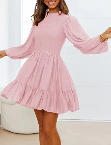ADEWEL Women's Long Sleeve Mock Neck Ruffle Mini Dress