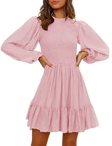 ADEWEL Women's Long Sleeve Mock Neck Ruffle Mini Dress