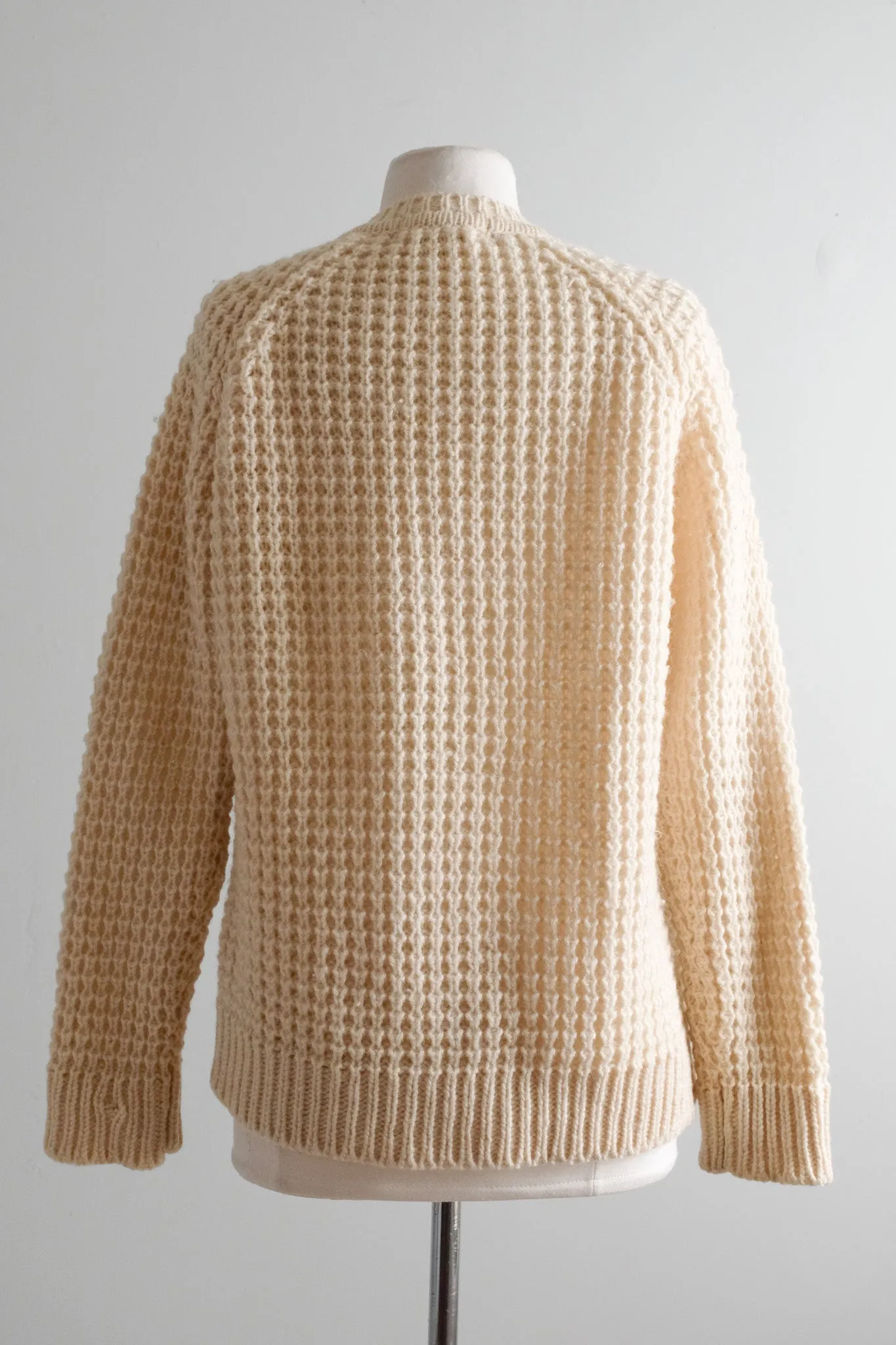 Adorable 1970's  Cable Knit Cream Aran Wool Cardigan Sweater / Sz M