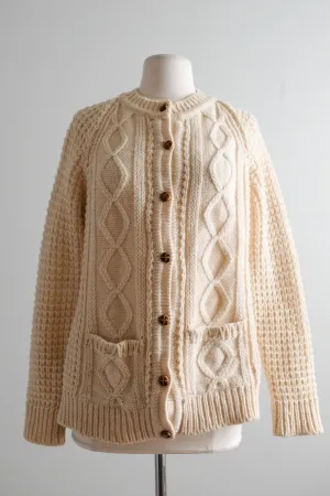 Adorable 1970's  Cable Knit Cream Aran Wool Cardigan Sweater / Sz M