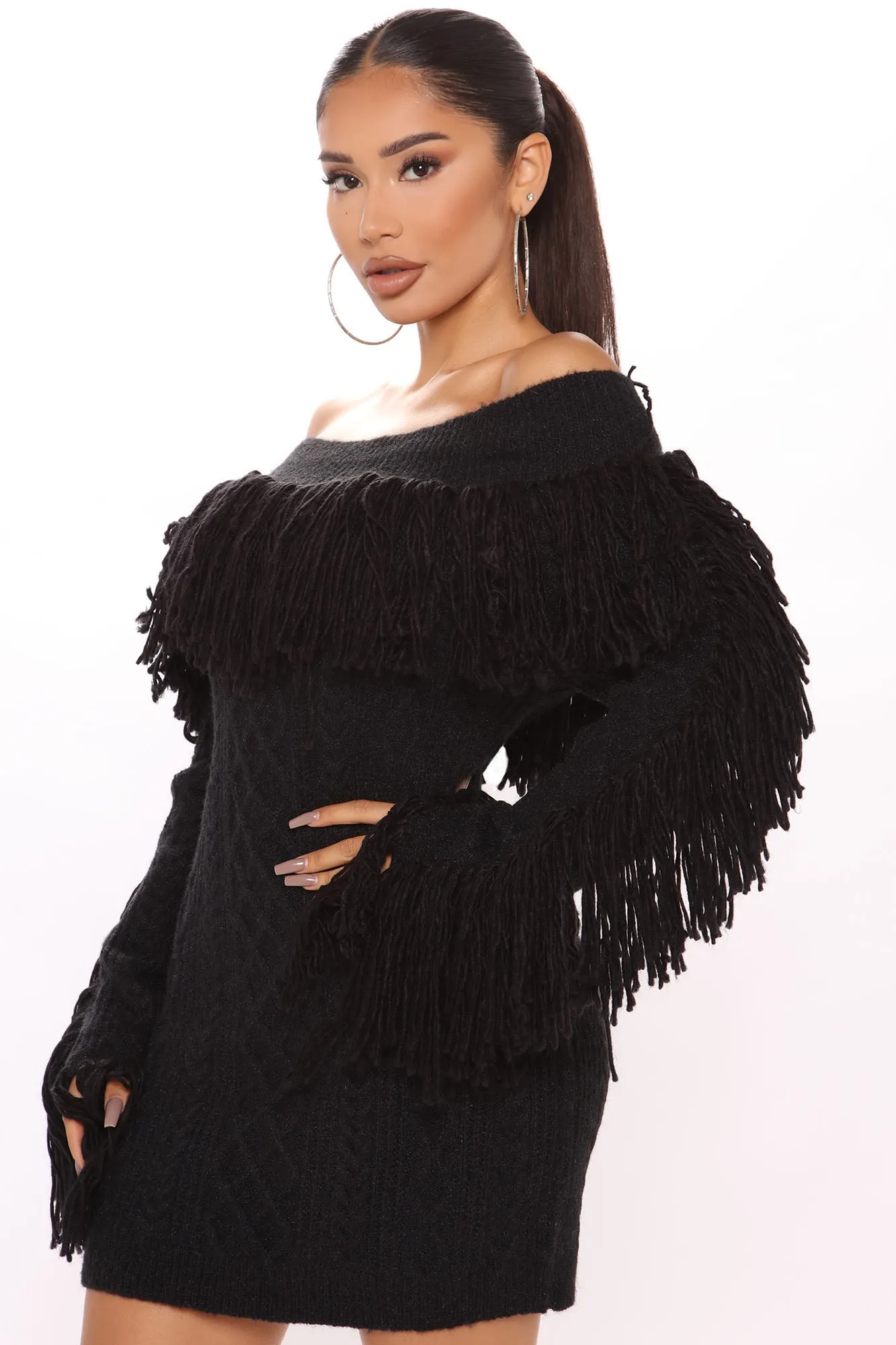 Agatha Off Shoulder Fringe Dress - Black