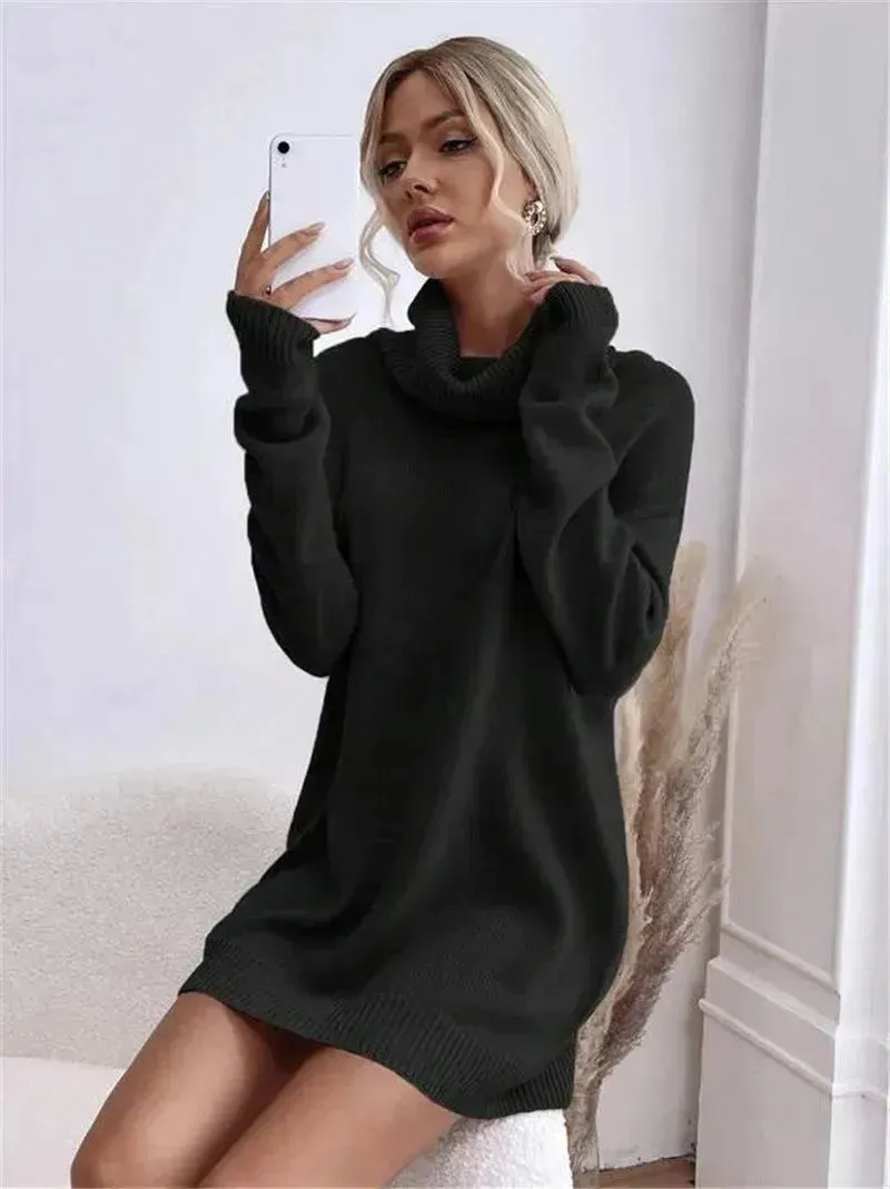 Autumn Winter Solid Cashmere  Loose  Mini Turtleneck sweater Dress