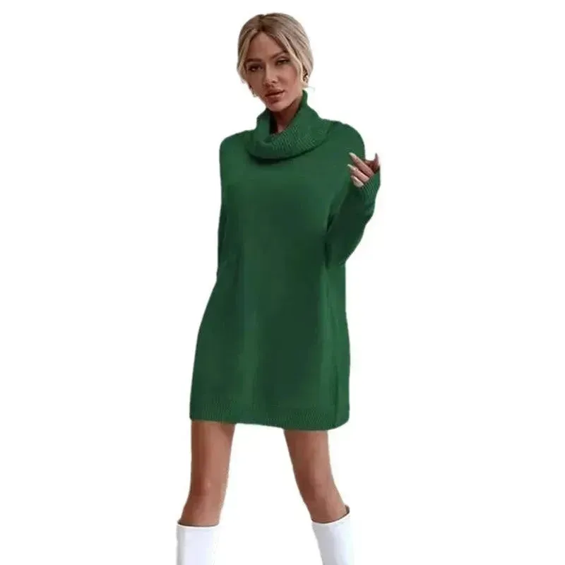 Autumn Winter Solid Cashmere  Loose  Mini Turtleneck sweater Dress