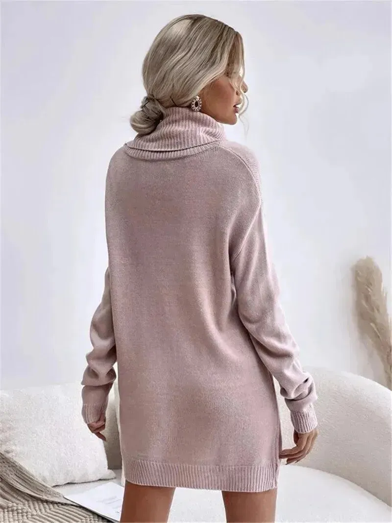 Autumn Winter Solid Cashmere  Loose  Mini Turtleneck sweater Dress
