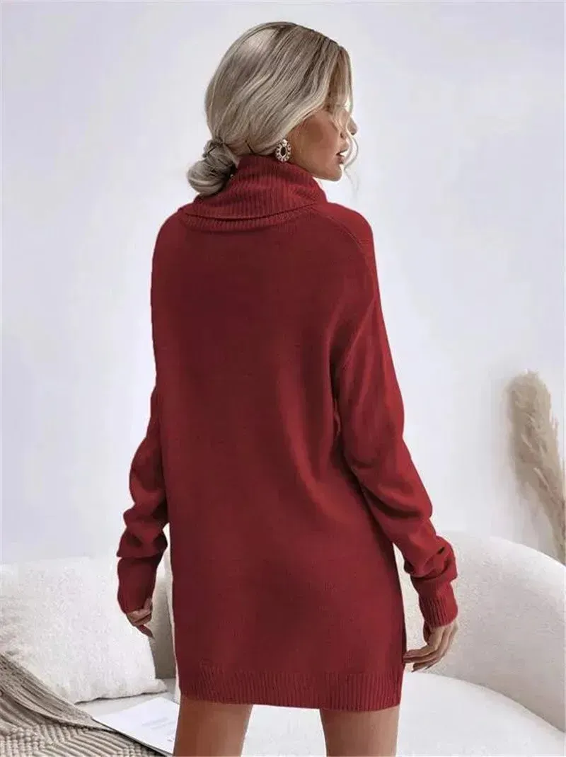 Autumn Winter Solid Cashmere  Loose  Mini Turtleneck sweater Dress