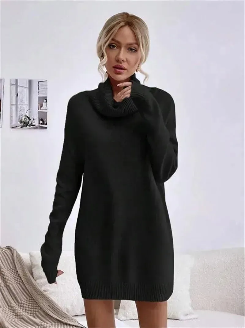 Autumn Winter Solid Cashmere  Loose  Mini Turtleneck sweater Dress