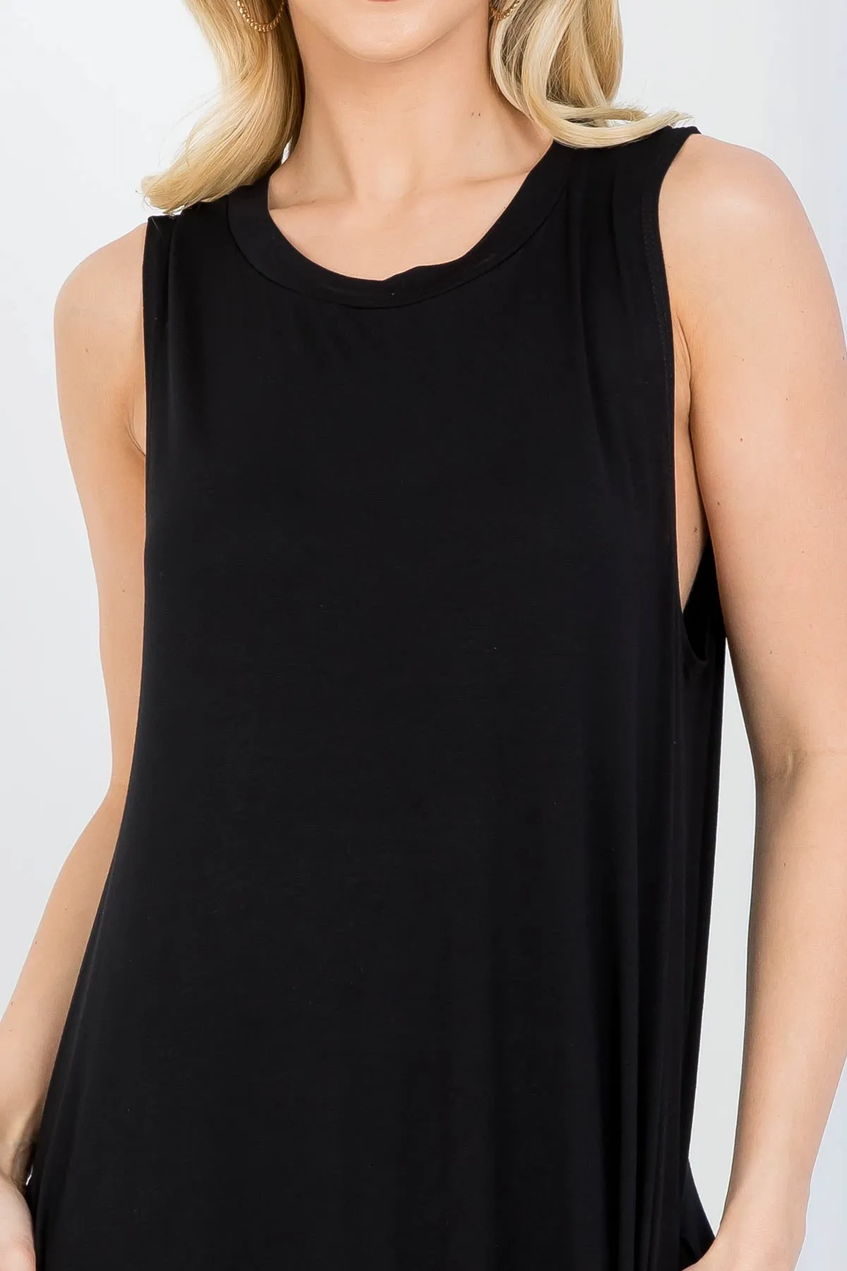 BLACK ROUND NECKLINE WITH SIDE POCKET SHEATH LONG DRESS