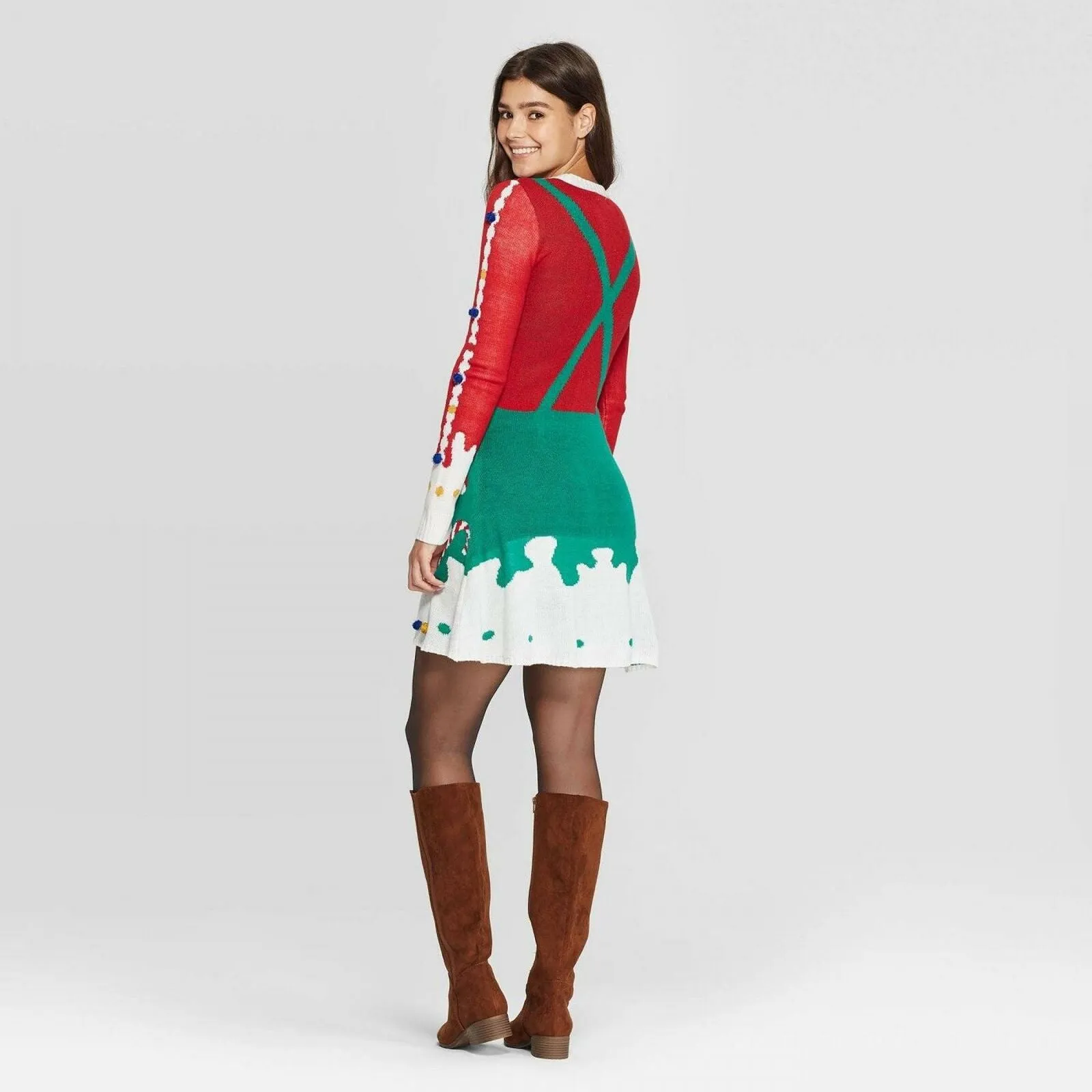 Born Famous Women's Long Sleeve Candycane Ugly Christmas Sweater Mini Dress