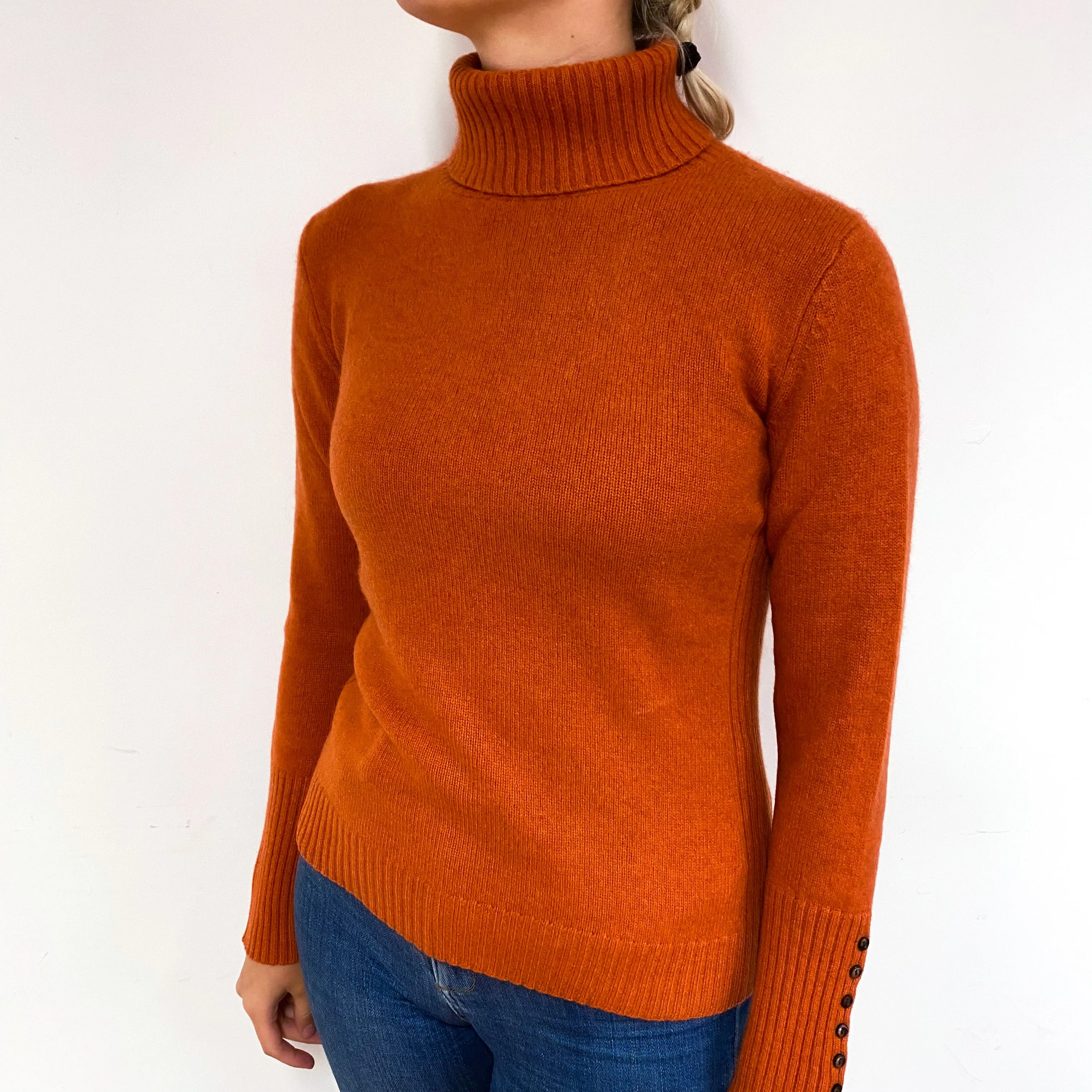 Burnt Orange Heavy Cashmere Polo Neck Jumper Small