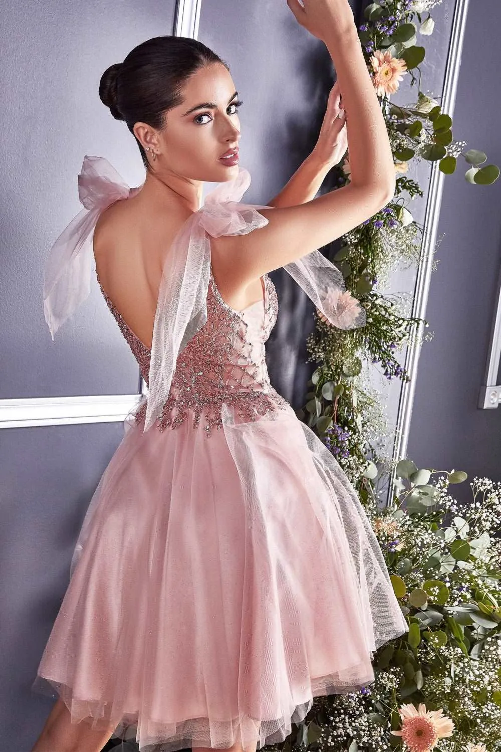 CD CD0174 - A Line Homecoming Dress with Lace Embroidered Bodice & Tulle Bow Straps