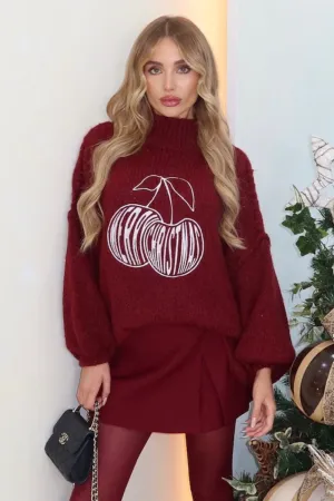 Cherry christmas burgundy embroidered knitted jumper