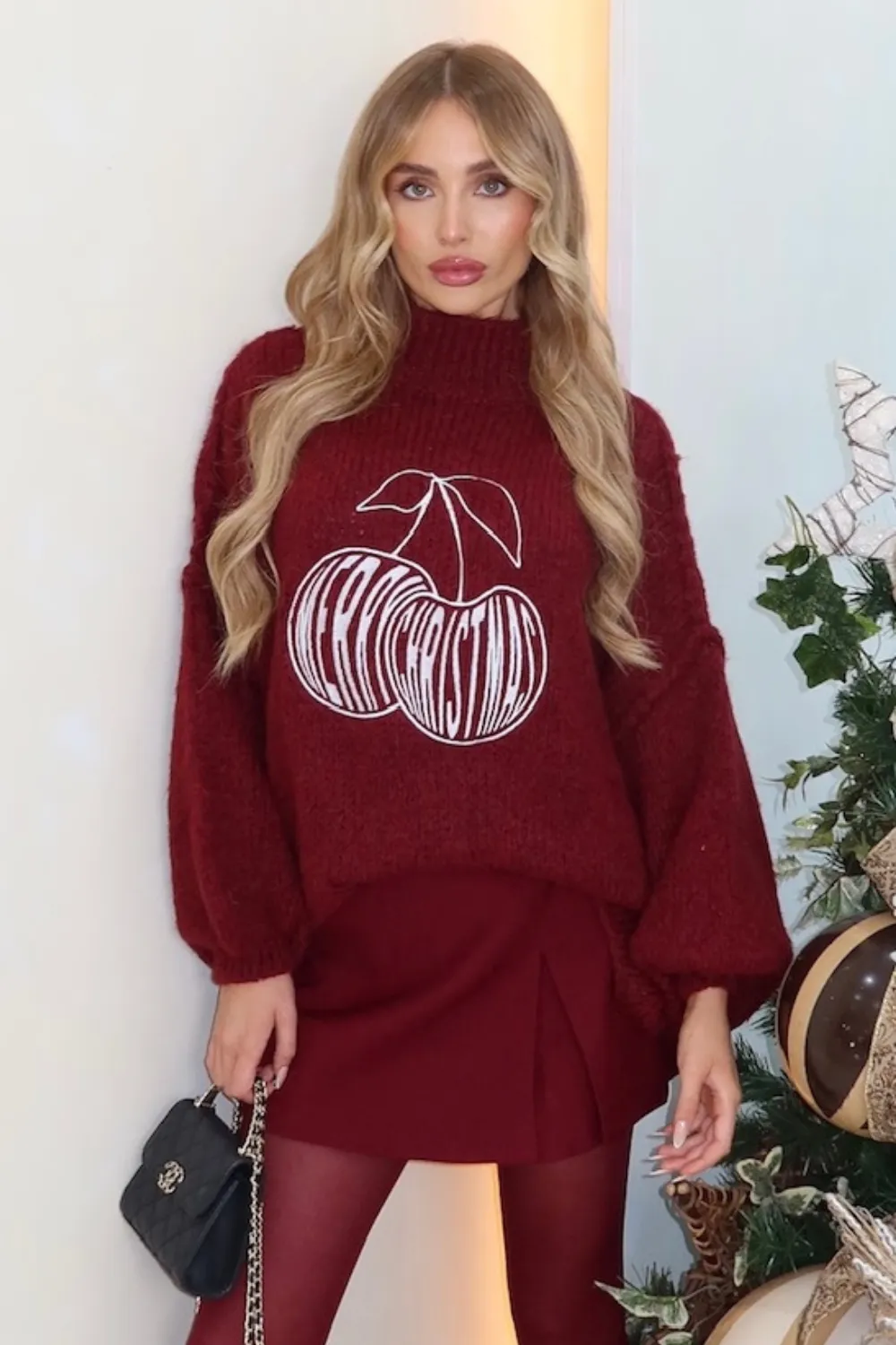 Cherry christmas burgundy embroidered knitted jumper