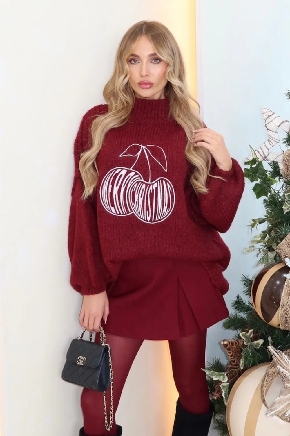 Cherry christmas burgundy embroidered knitted jumper