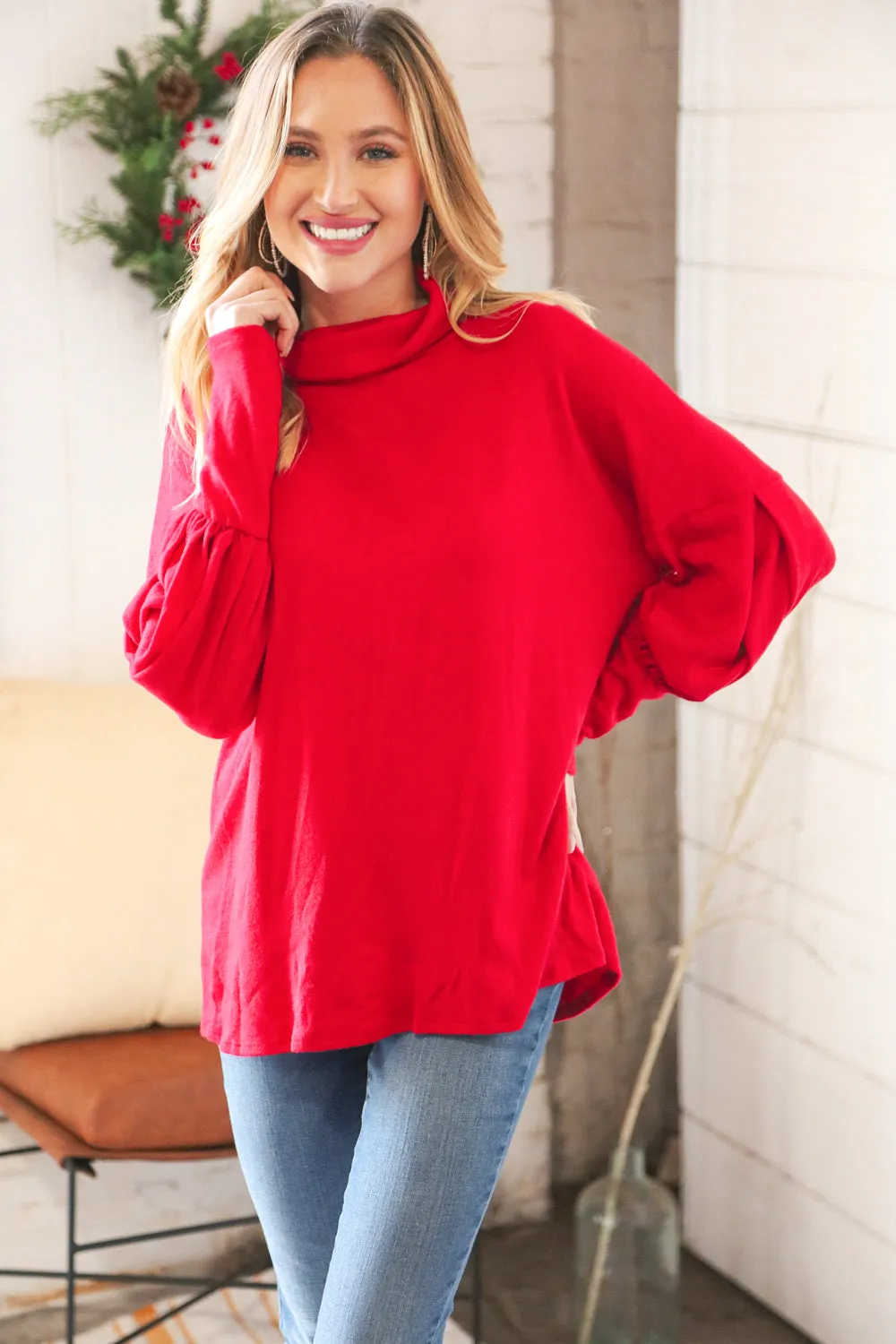 Christmas Red Brushed Hacci Pleated Turtleneck