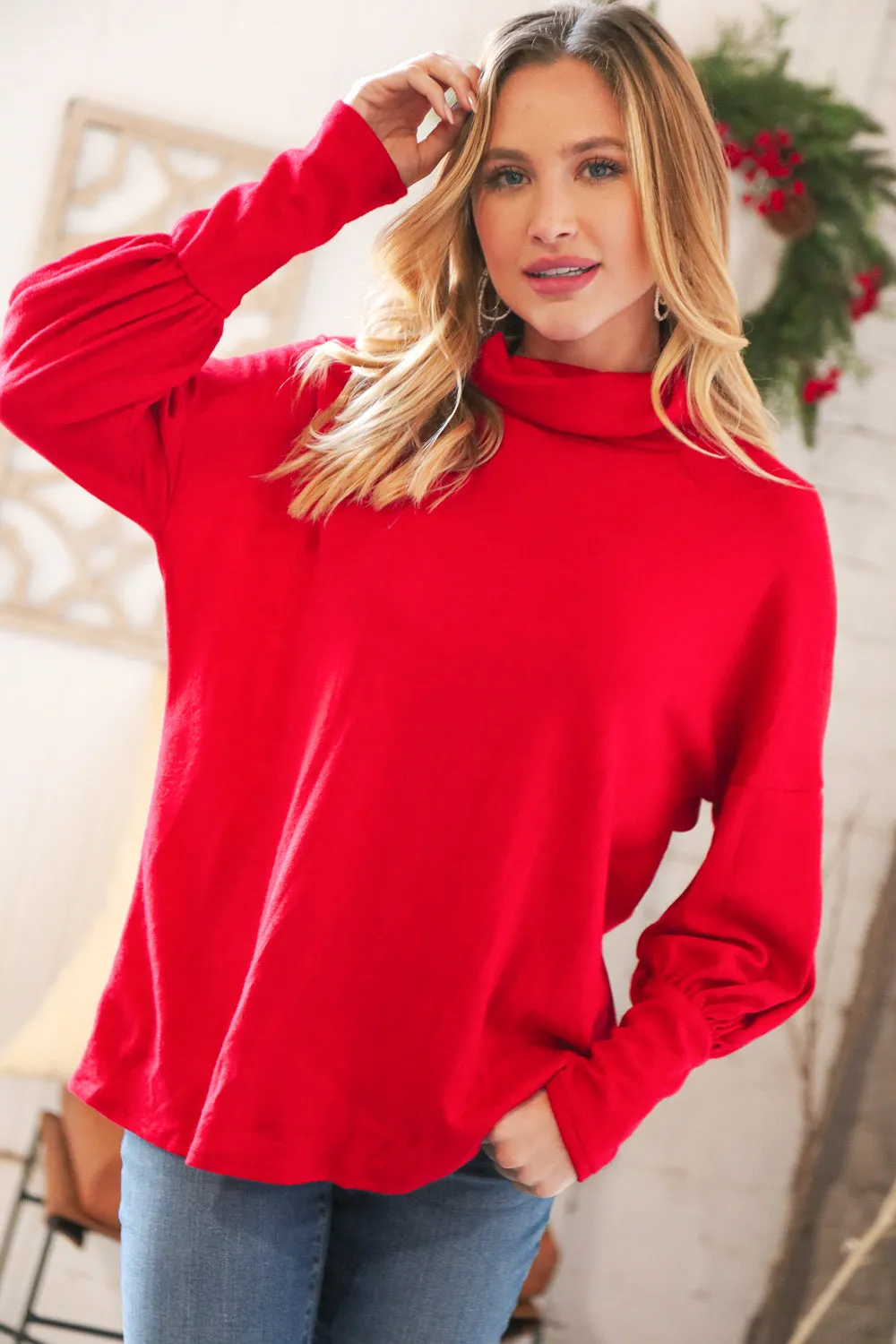 Christmas Red Brushed Hacci Pleated Turtleneck