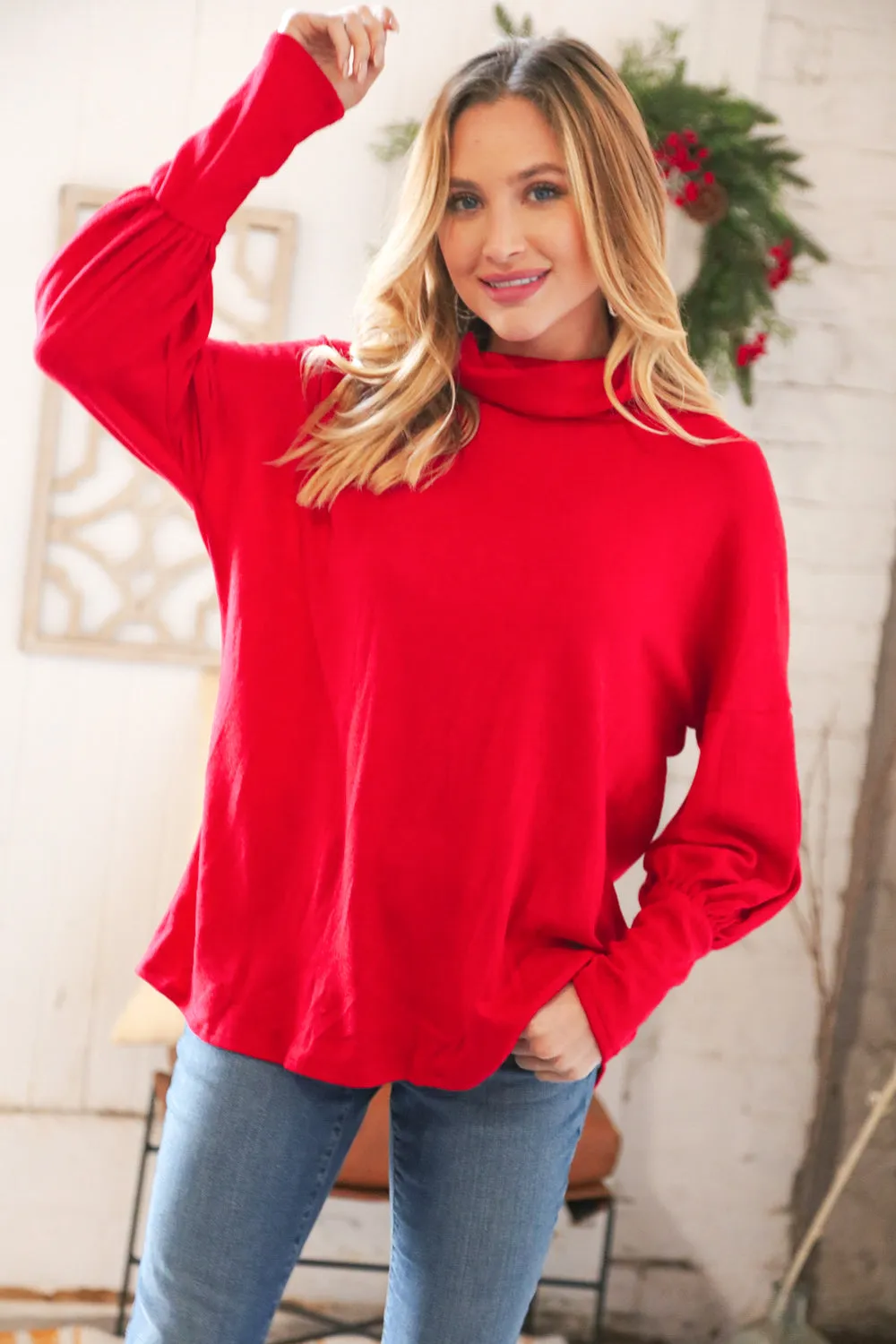 Christmas Red Brushed Hacci Pleated Turtleneck