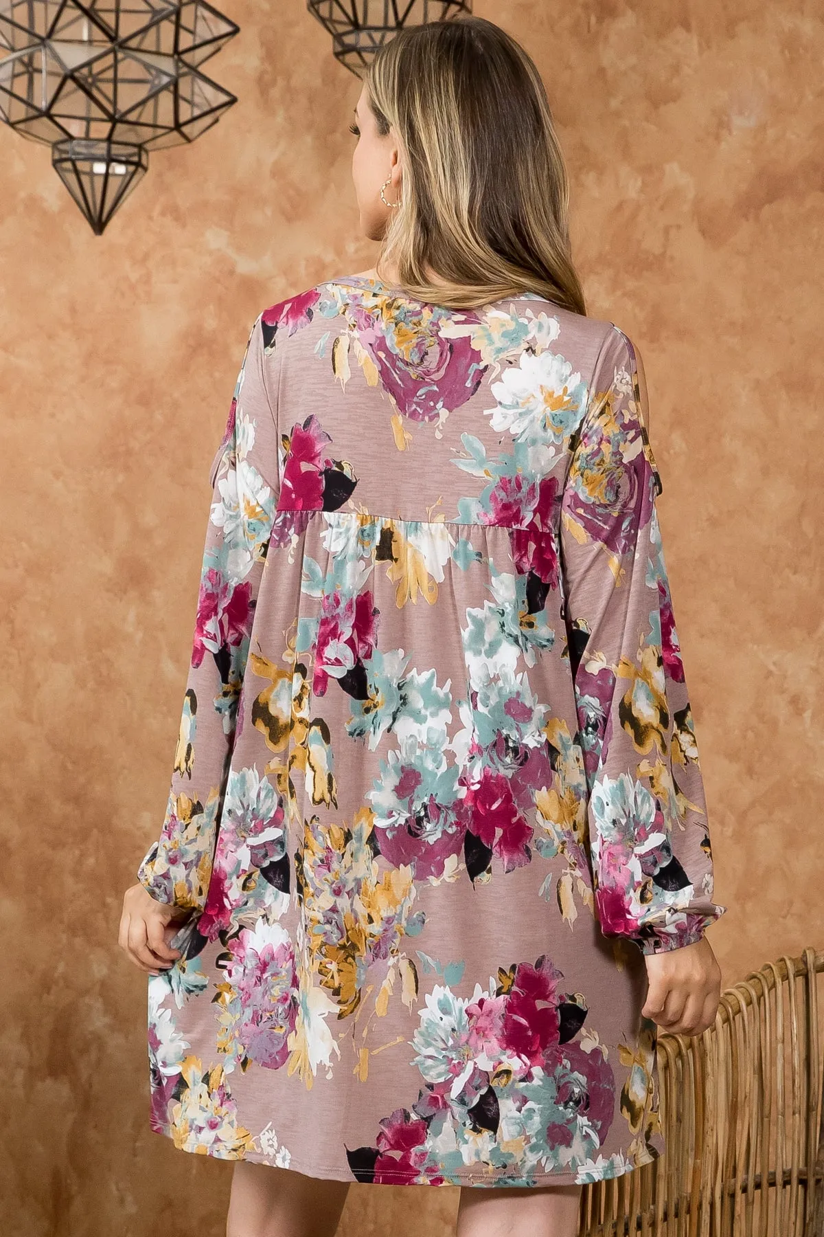 COLD SHOULDER LONG SLEEVE SHIRRING DETAIL DRESS