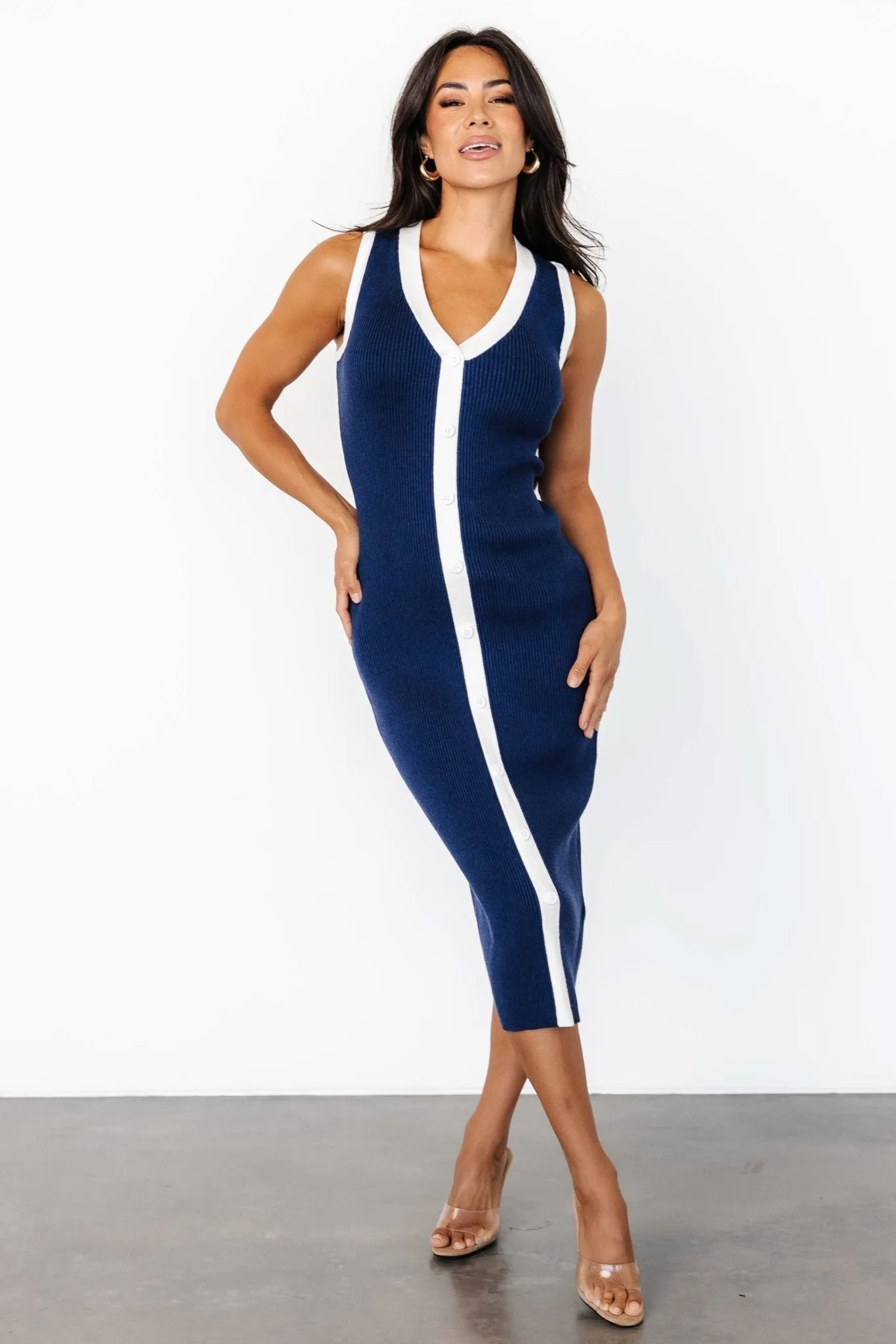 Coley Ribbed Button Dress | Navy   Off White