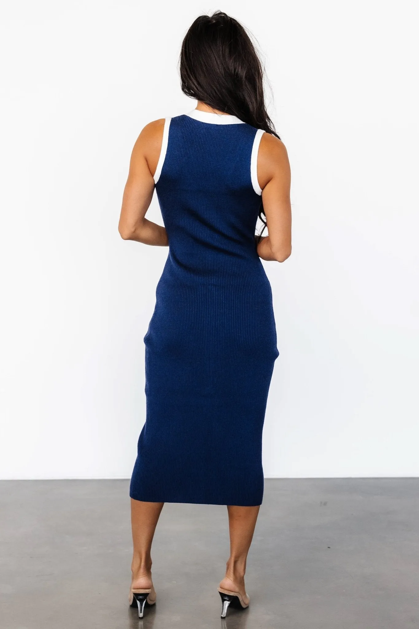 Coley Ribbed Button Dress | Navy   Off White
