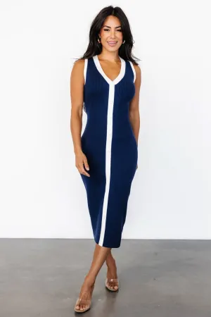 Coley Ribbed Button Dress | Navy   Off White