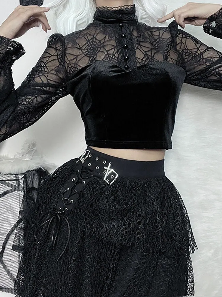 Crop Top e-girl schwarz aus Netz und Samt für Frauen