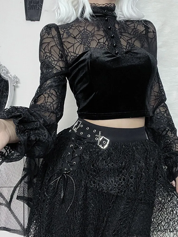 Crop Top e-girl schwarz aus Netz und Samt für Frauen
