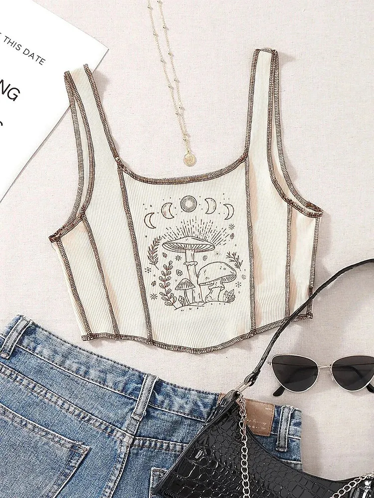 Damen Gothic Grunge Crop-Top mit Pilzprint in Grün