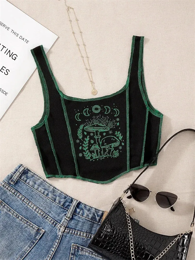 Damen Gothic Grunge Crop-Top mit Pilzprint in Grün