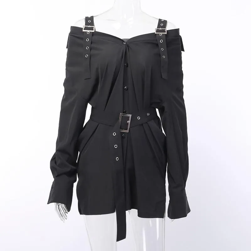 'Damnation' Black Alt Grunge Belted Shirt Dress