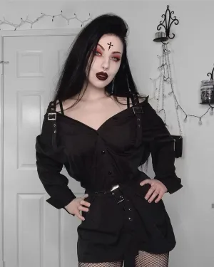 'Damnation' Black Alt Grunge Belted Shirt Dress