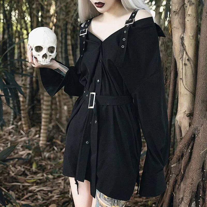 'Damnation' Black Alt Grunge Belted Shirt Dress