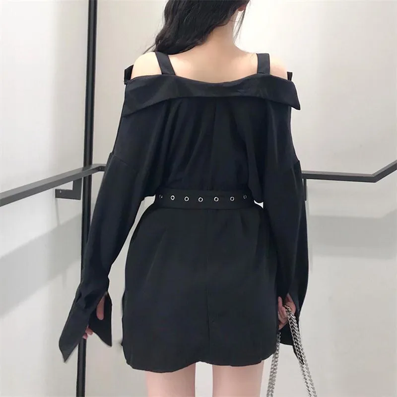 'Damnation' Black Alt Grunge Belted Shirt Dress