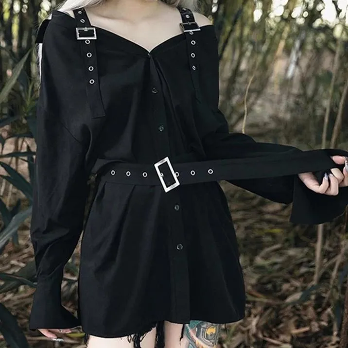 'Damnation' Black Alt Grunge Belted Shirt Dress