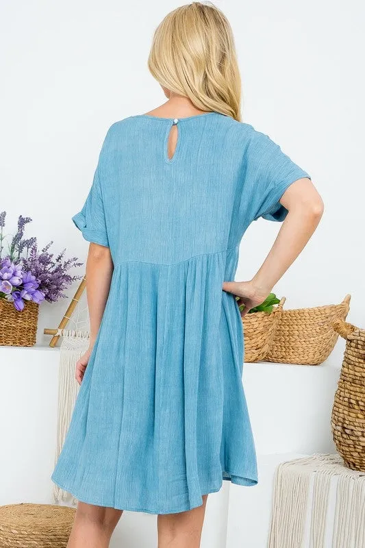 DENIM V-NECK FOLD SLEEVE BABY DOLL DRESS