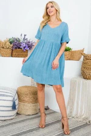 DENIM V-NECK FOLD SLEEVE BABY DOLL DRESS