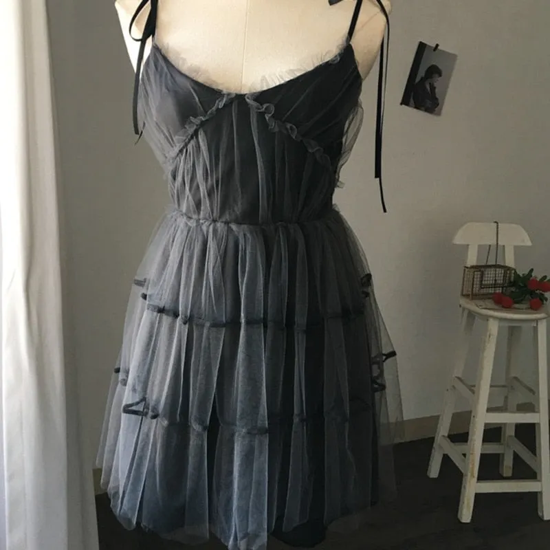 'Fae' Grey Mesh Overlay Strap Grunge Goth Dress