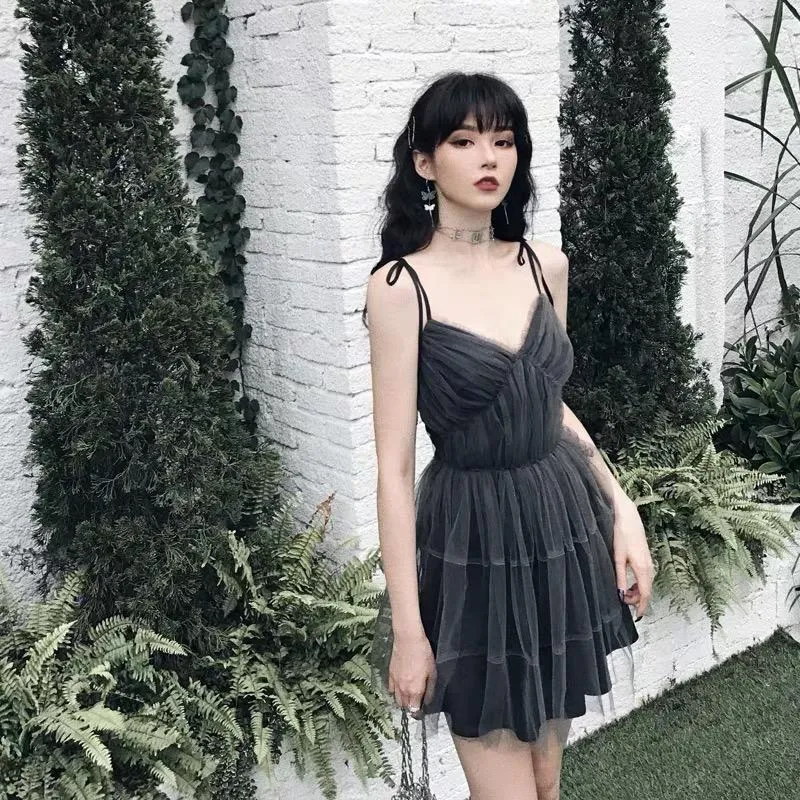 'Fae' Grey Mesh Overlay Strap Grunge Goth Dress