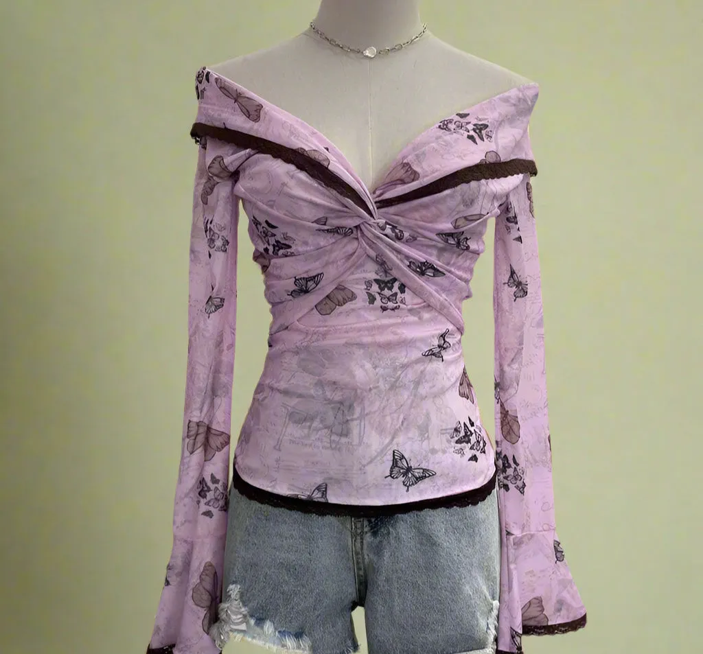Fairycore Off-Shoulder Floral Mesh Top