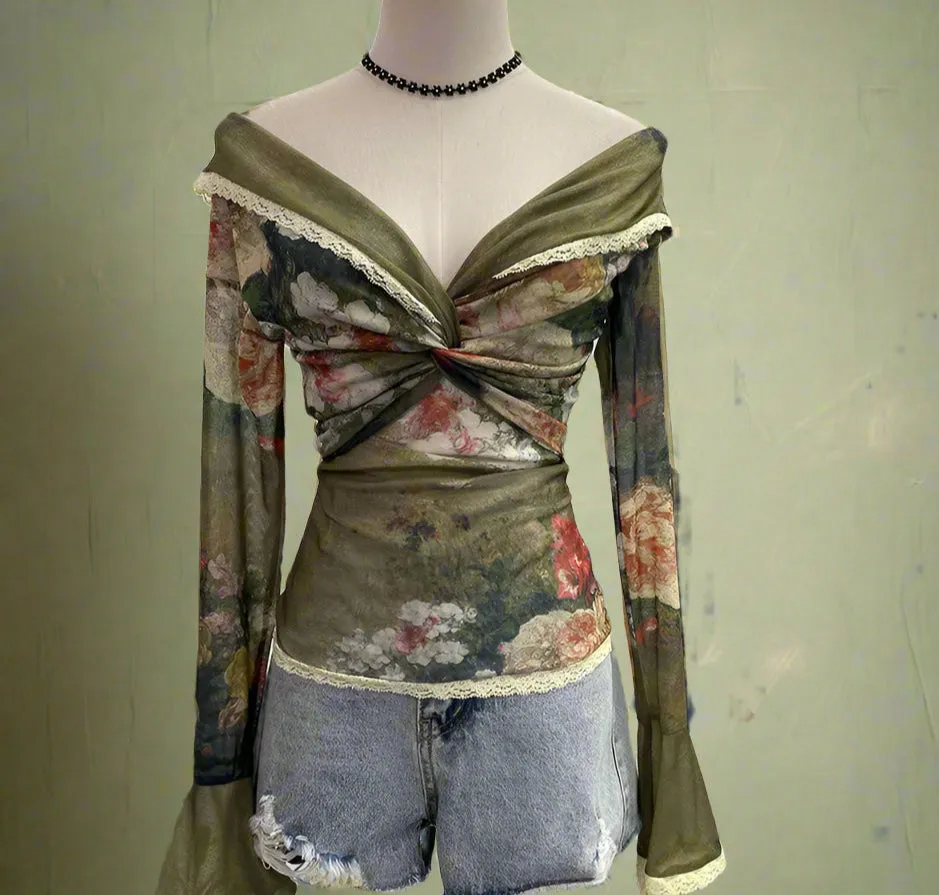 Fairycore Off-Shoulder Floral Mesh Top