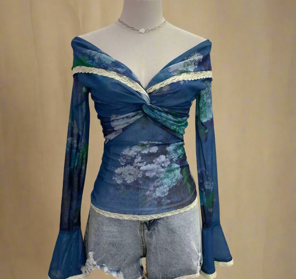 Fairycore Off-Shoulder Floral Mesh Top