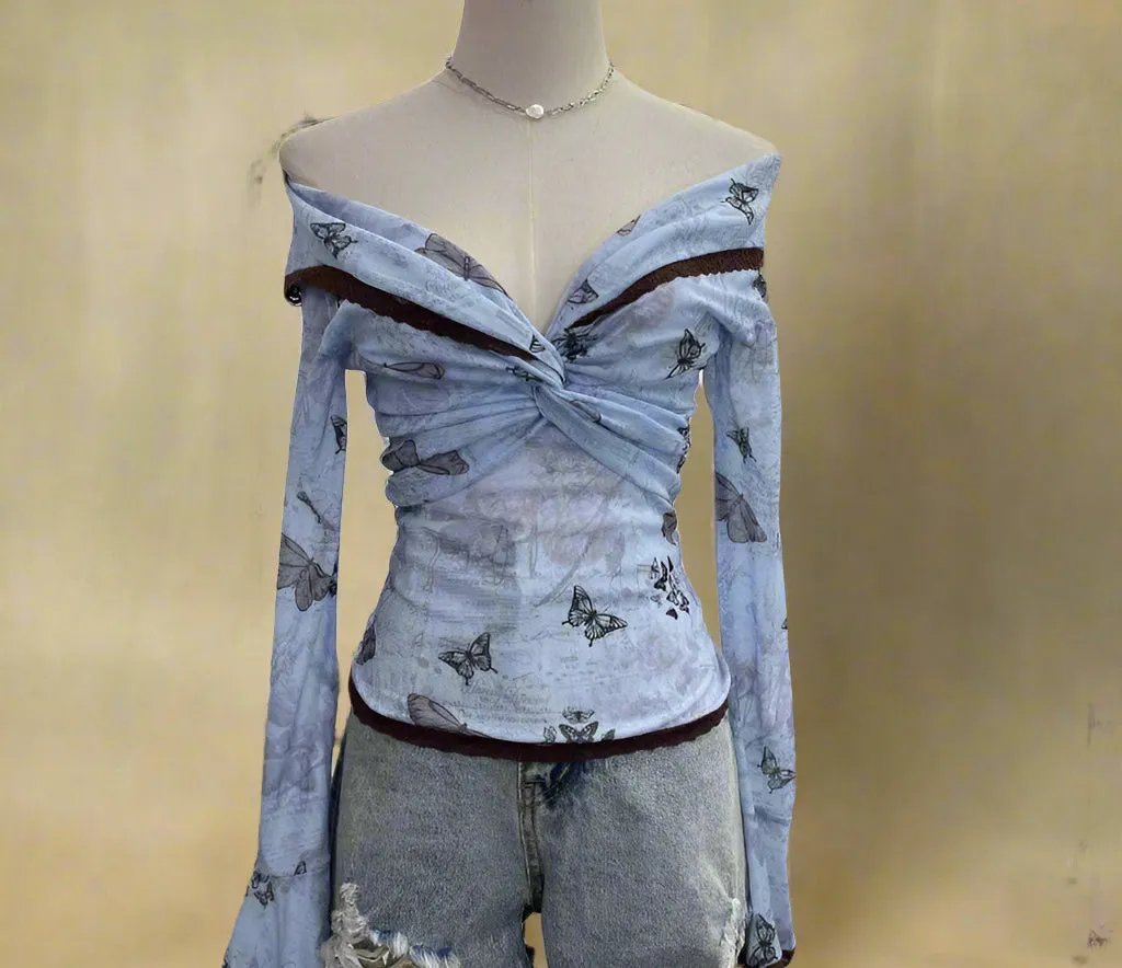 Fairycore Off-Shoulder Floral Mesh Top
