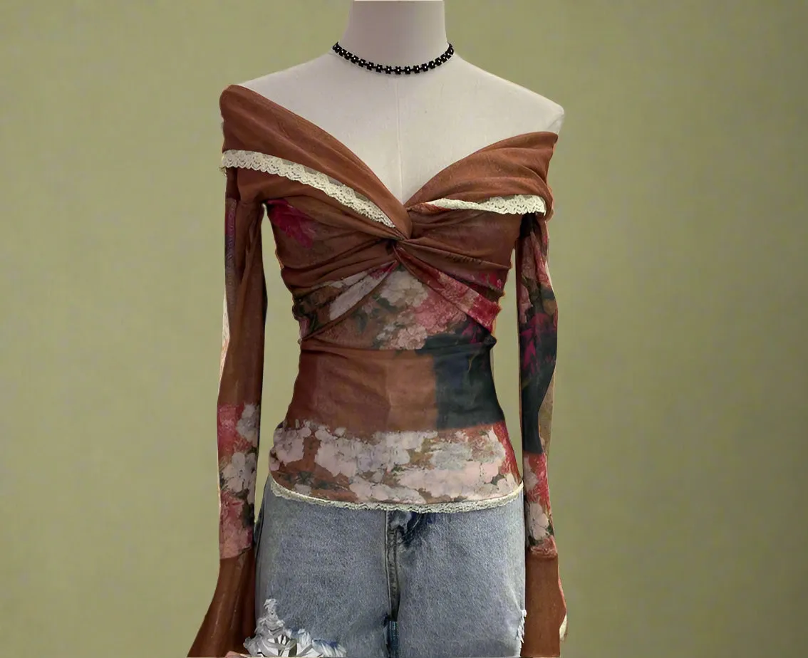 Fairycore Off-Shoulder Floral Mesh Top