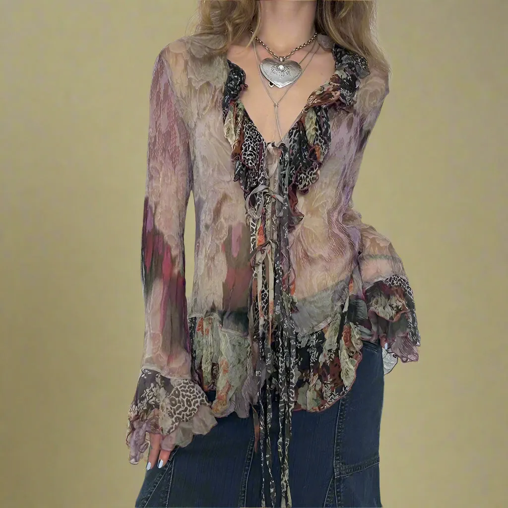 Fairygrunge Lace-Up Ruffle Blouse