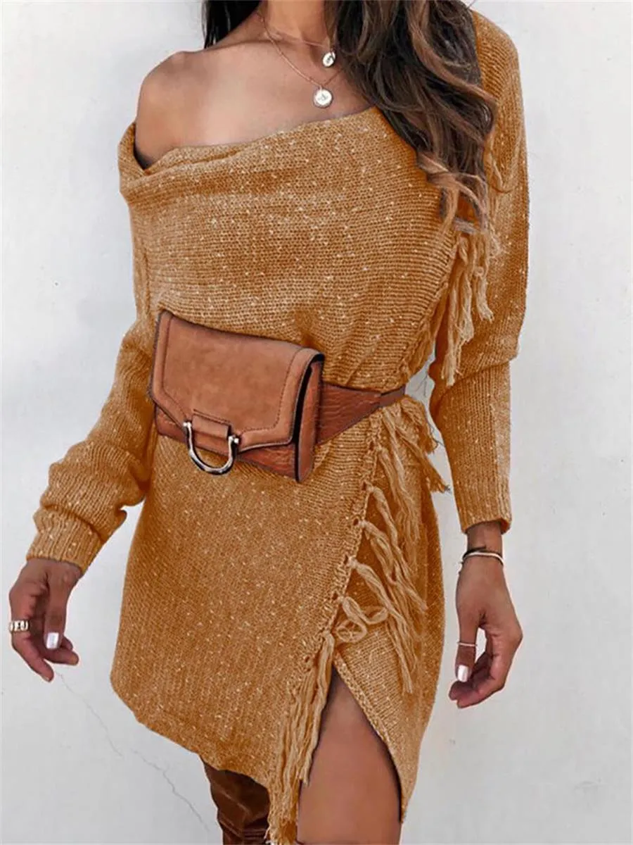 Fashion Sexy Tassel Neckline Women'S Sweater Dress