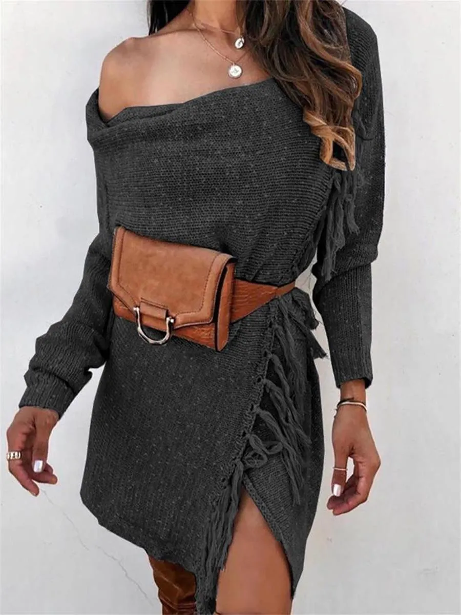 Fashion Sexy Tassel Neckline Women'S Sweater Dress