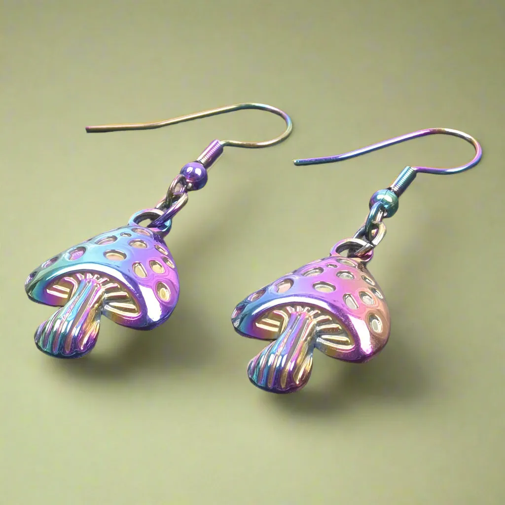 Goblincore Iridescent Mushroom Drop Earrings