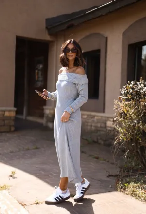 Grey Ribbed Sweater Midi Dress