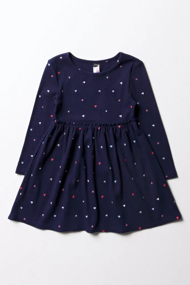 Heart Rib Babydoll Dress Navy